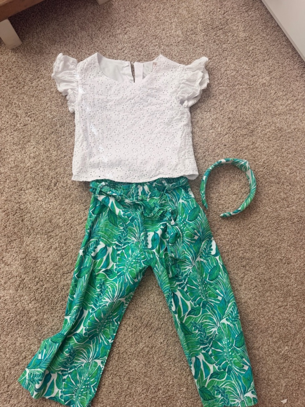 C&C California White Eyelet Top with Green Tropical Print Pants Set